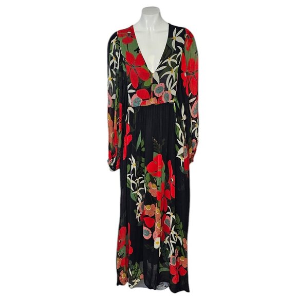 Farm Rio x Anthropologie Long-Sleeve V-Neck Floral Maxi Dress Size Medium, NWT - Picture 1 of 11